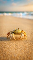 A sand crab with a peculiar gait and an unusual sideways movement on sandy beach at low tide