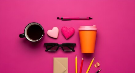 Cosmetic products and pink hearts on pink background