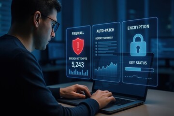 Cybersecurity Engineer Analyzing Firewall Breaches, Auto-Patch Reports, and Encryption Status on Digital Dashboard
