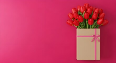 Flat lay of pink carnations, coffee, notebook, and stationery on pink background
