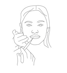 lip filler. Continuous line drawing of beauty shot in lips. Gloved hand holding syringe for lip botox injection 