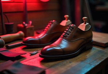 Handcrafted Leather Shoes on a Cobbler's Workbench
