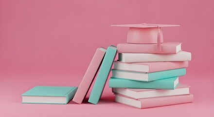 Overhead flatlay of colorful stationery items on pink background