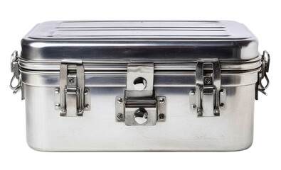 A durable metallic rectangular storage container with a hinged lid and secure latches isolated on transparent background