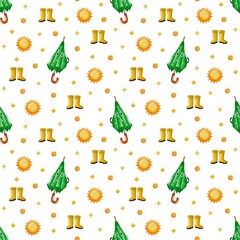Seamless watercolor pattern featuring yellow rubber boots, sun symbols, and closed green umbrellas on white background. For kids apparel, wrapping paper, spring decor and cheerful surface design