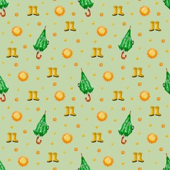 Seamless watercolor pattern featuring yellow rubber boots, sun symbols, and closed green umbrellas on green background. For kids apparel, wrapping paper, spring decor and cheerful surface design
