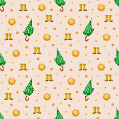 Seamless watercolor pattern featuring yellow rubber boots, sun symbols, and closed green umbrellas on beige background. For kids apparel, wrapping paper, spring decor and cheerful surface design
