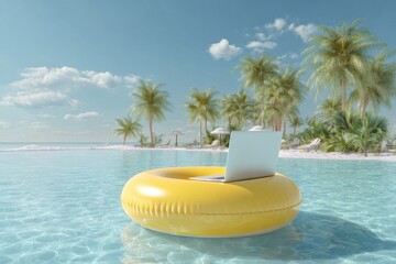 3D render of a yellow inflatable ring with a laptop floating in a pool surrounded by palm trees, remote work vacation concept