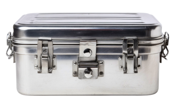 A durable metallic rectangular storage container with a hinged lid and secure latches isolated on transparent background