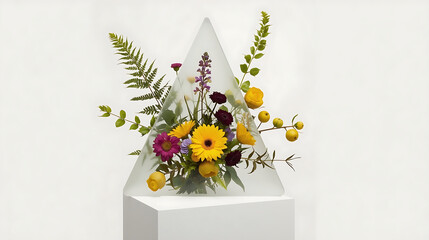 The modern floral composition features vibrant yellow and purple flowers, delicate ferns, and round yellow berries, blending natural elements with geometric minimalism in a surreal, artistic style.