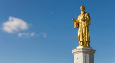 Obraz premium Golden Statue on Pedestal Against Blue Sky with Clouds
