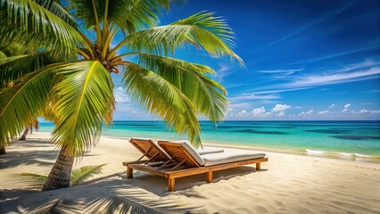 Fototapeta premium sun lounger with cosy cushions under the shade of palm trees on a sandy beach with the blue ocean in the background