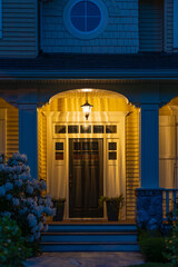 Entrance of luxury house with nice spring blossom landscape at night in Vancouver, Canada, North...