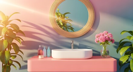 Modern bathroom interior with sink, mirror and flowers