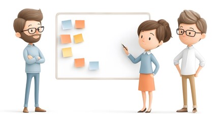 3D cartoon startup team around whiteboard brainstorming ideas, isolated white background