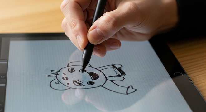 Digital Art Creation Person Drawing a Cartoon Bear on Tablet with Stylus Showing Creativity and Artistic Expression