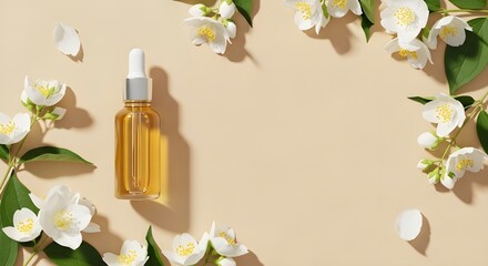 Essential oil bottle with jasmine flowers on beige background