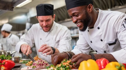 Two chefs preparing food in a busy kitchen