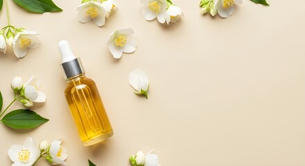 Essential oil bottle with jasmine flowers on light beige background