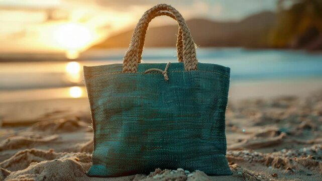 A blue bag sits on the sand, perfect for storing your beach essentials
