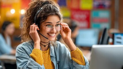 Young woman wearing a headset with a microphone, engaging in customer service at a call center, providing assistance and addressing inquiries from clients with a friendly smile