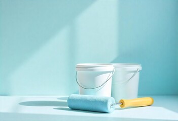 Painting Supplies: Buckets and Roller with Warm Sunlight