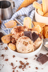 Tasty tiramisu ice cream with coffee syrup, savoyardi cookies, chocolate, cocoa powder. Portioned bowl of italian tiramisu dessert gelato, with ice cream waffle cones, coffee beans, ingredients