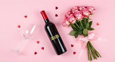Wine bottle with 2025 text, bouquet of roses, and scattered hearts on pink background