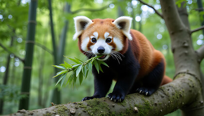 Fototapeta premium Adorable red panda perched on a mossy tree branch eating green leaves