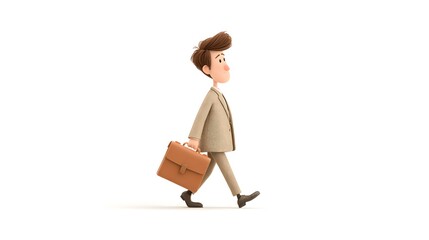 3D cartoon businessman walking with briefcase and determined expression, isolated white background