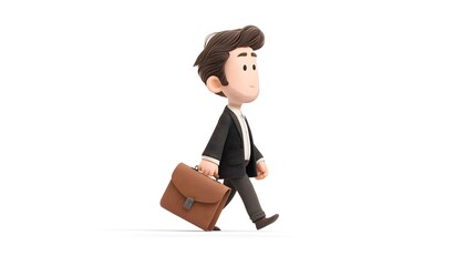 3D cartoon businessman walking with briefcase and determined expression, isolated white background