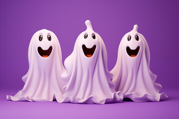 Three ghosts in white sheets smiling tenderly on a purple background, Halloween spirits