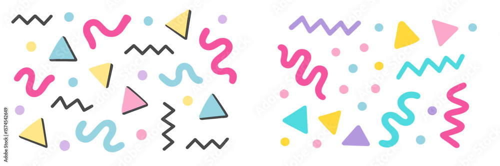 Poster colorful abstract patterns with geometric shapes and playful designs fill the background in a modern