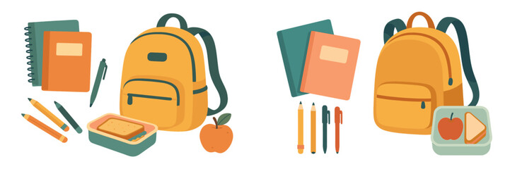 Back to school supplies with backpacks, notebooks, and lunch boxes for students preparing for classes