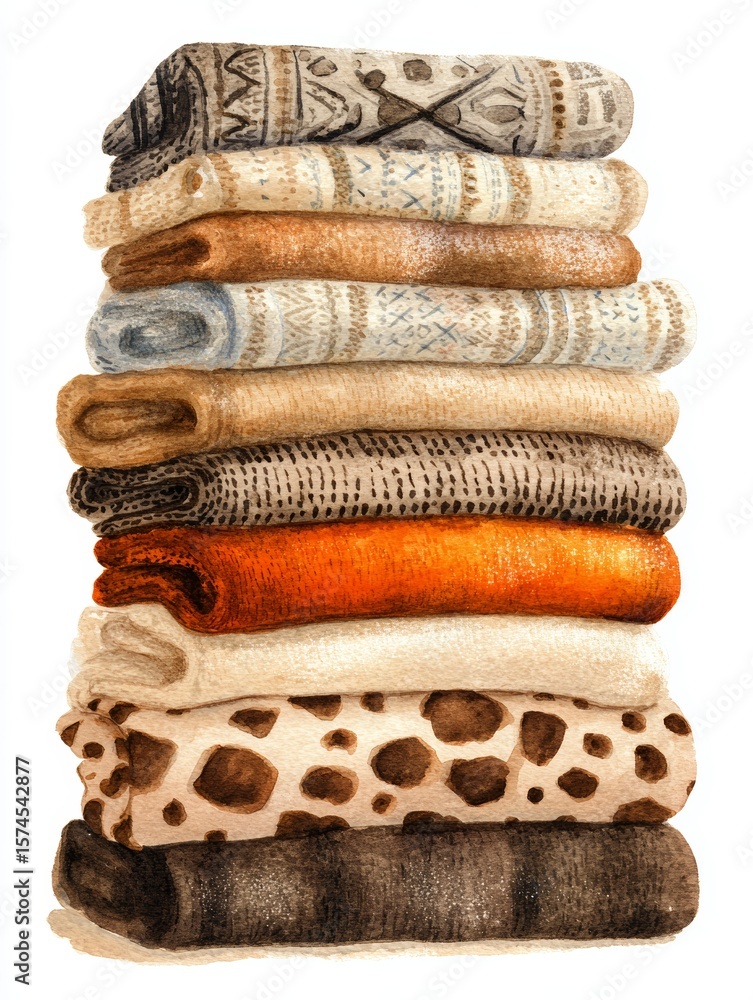 Poster cozy layered wool blankets with nordic pattern in warm neutral color palette on white background