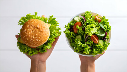 Hands holding burger vs salad.