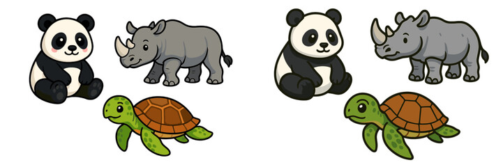 Cute cartoon animals including panda, rhinoceros, and turtle enjoying playful interactions in a cheerful illustrated setting