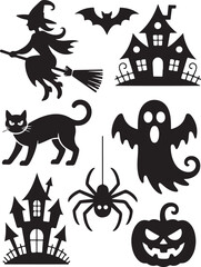 Halloween Silhouette Set Witch, Haunted House, Ghosts, Bats, and More