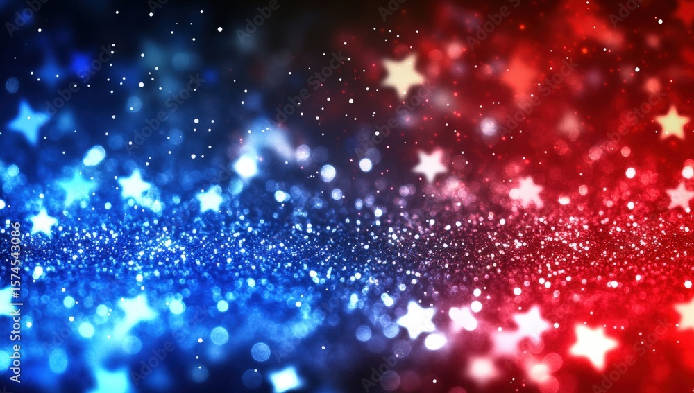 Poster a vibrant abstract background featuring blue and red sparkling bokeh with glowing star shapes scatte