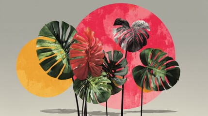 Bold seasonal promo art, vibrant monstera leaf collage layered over colorful geometric suns, modern abstract campaign composition with creative digital rhythm and retro tropical energy
