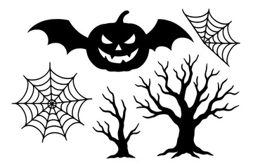 Halloween themed decorations featuring bats, pumpkins, and spider webs for spooky festivities