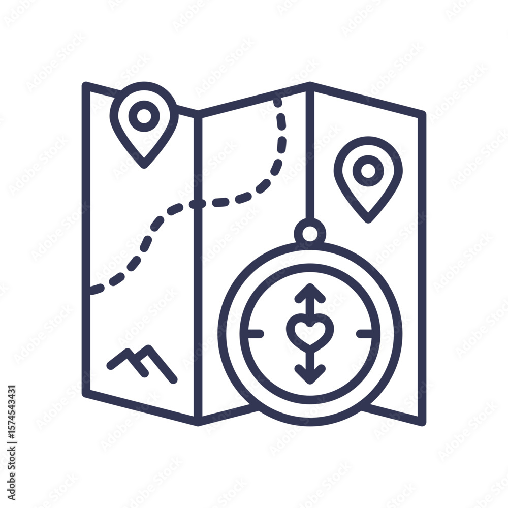 Poster line icon of a map with a route and a compass. the heart on the compass symbolizes a journey of love