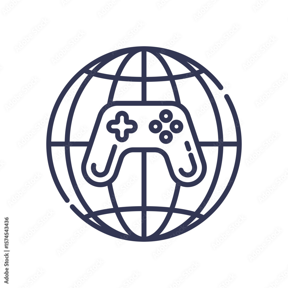 Poster line art icon of a game controller on a wireframe globe, symbolizing a connected worldwide gaming co