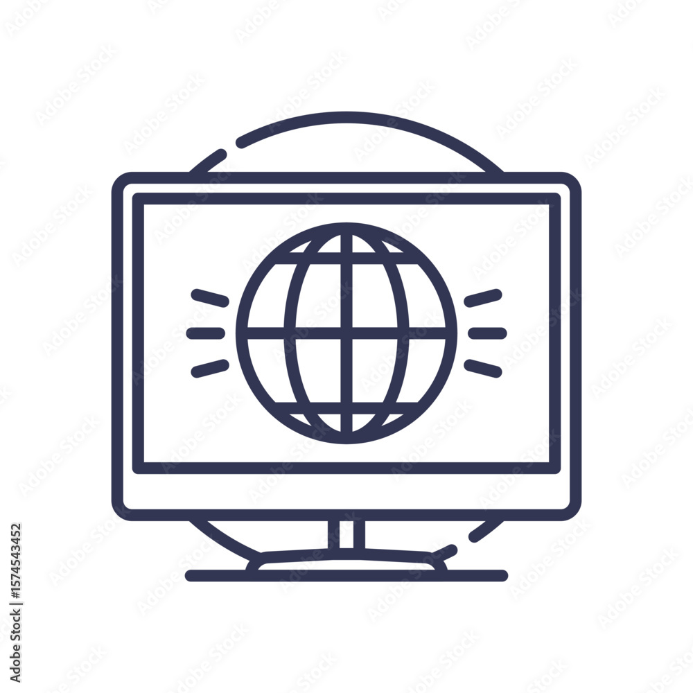 Poster line art icon of a computer monitor displaying a globe. symbolizes global content access, internatio