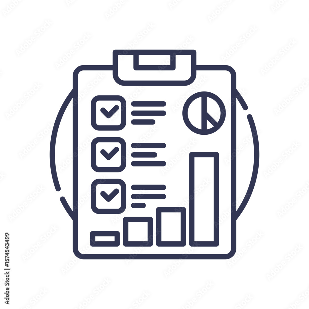 Poster line art icon of a clipboard with evaluation metrics. checklists, bar charts, and a pie chart symbol