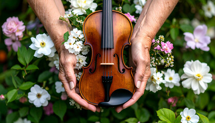Hands holding violin with rose garden.