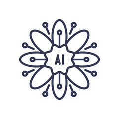 Line icon of a central AI hub connected to nodes, like a flower or neural network. Symbolizes a generative model's core creating diverse outputs, representing AI creativity and expansion.