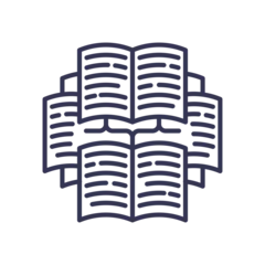 Fototapete An icon of multiple open books, representing the vast text corpus and knowledge base used for training a Large Language Model (LLM) and its extensive data processing capabilities. © VectorMine