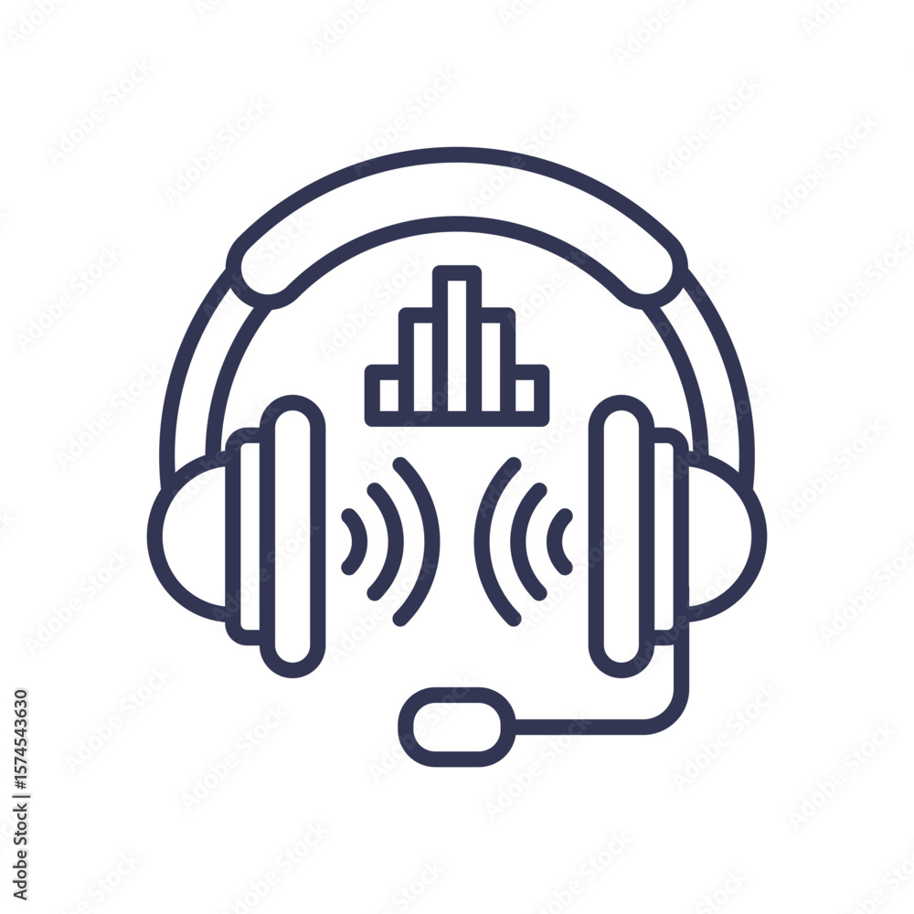 Poster line icon of a headset with a microphone, sound waves, and an equalizer. represents immersive audio 