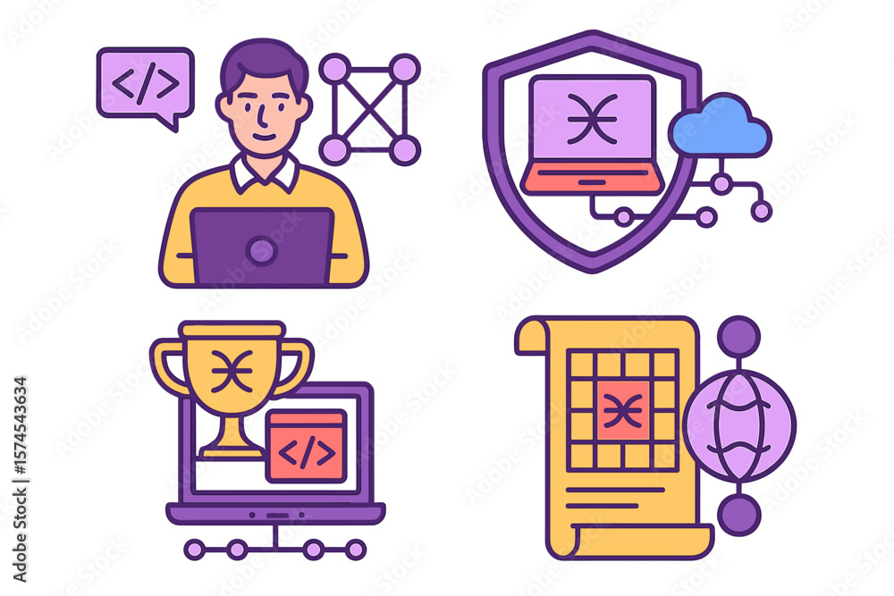 Aufkleber creative coding elements showcased through lively illustrations of data protection, achievements, an